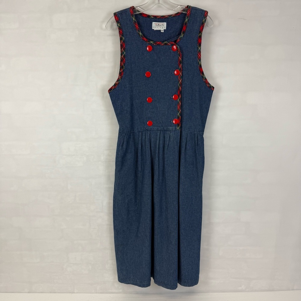 Vintage Talbots Petites Denim Jumper Dress 10P Sleeveless Plaid Trim Buttons